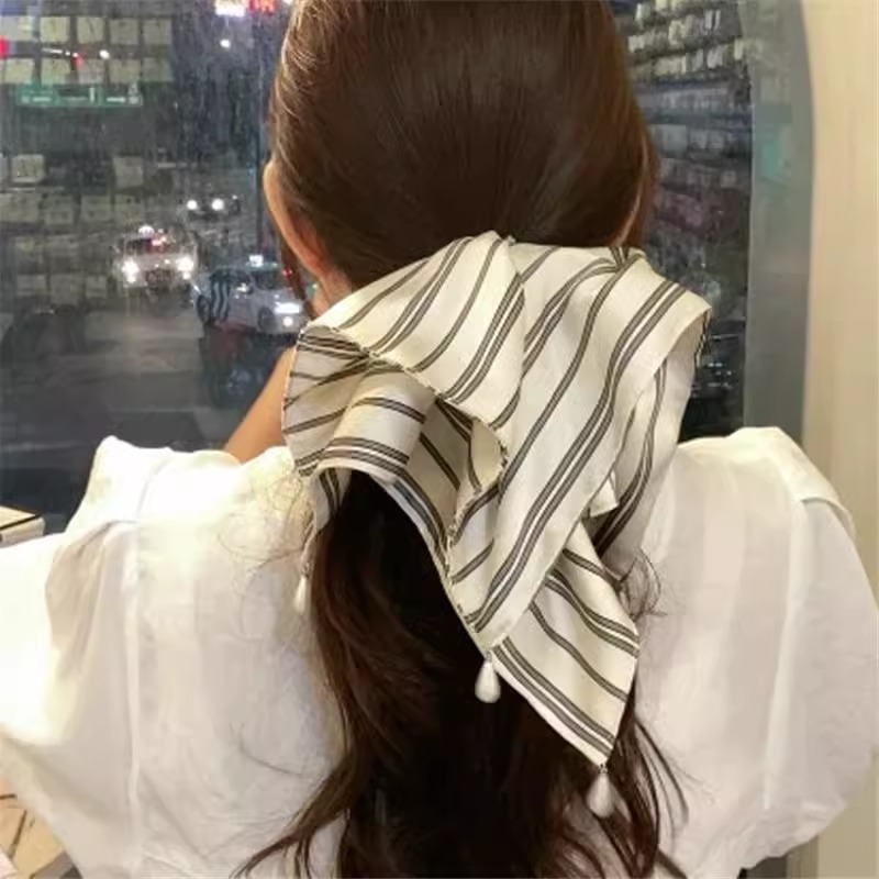 Korean-Style Pearl Pendant Hairpin, Vintage Striped Simple Side Bangs Scrunchie, Women's Back-Of-Head Hair Clip