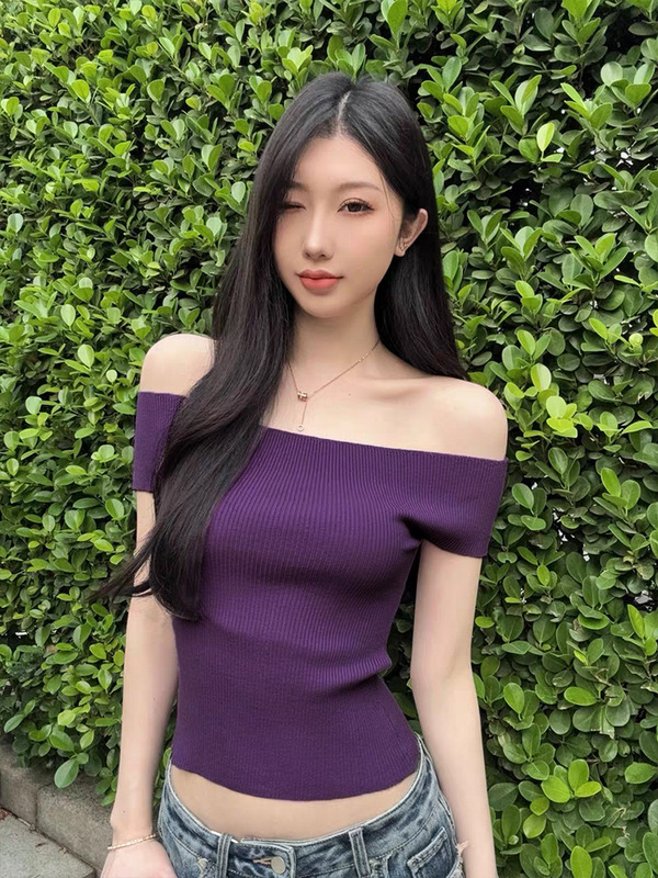 Mosesqueen Purple One-Shoulder Knitted Short-Sleeved T-Shirt Women's Summer Sweet Sexy Short Top