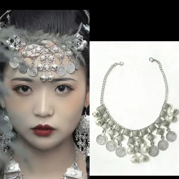 Ethnic style alloy coin tassel forehead chain retro Miao silver headdress exotic hair accessories necklace dual-purpose accessories