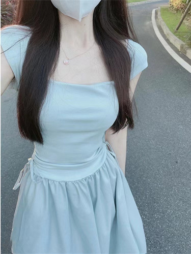 Blue Square Collar Strap Dress Women's Summer 2025 Splicing Skirt High-end Feeling Slimming Long Dress