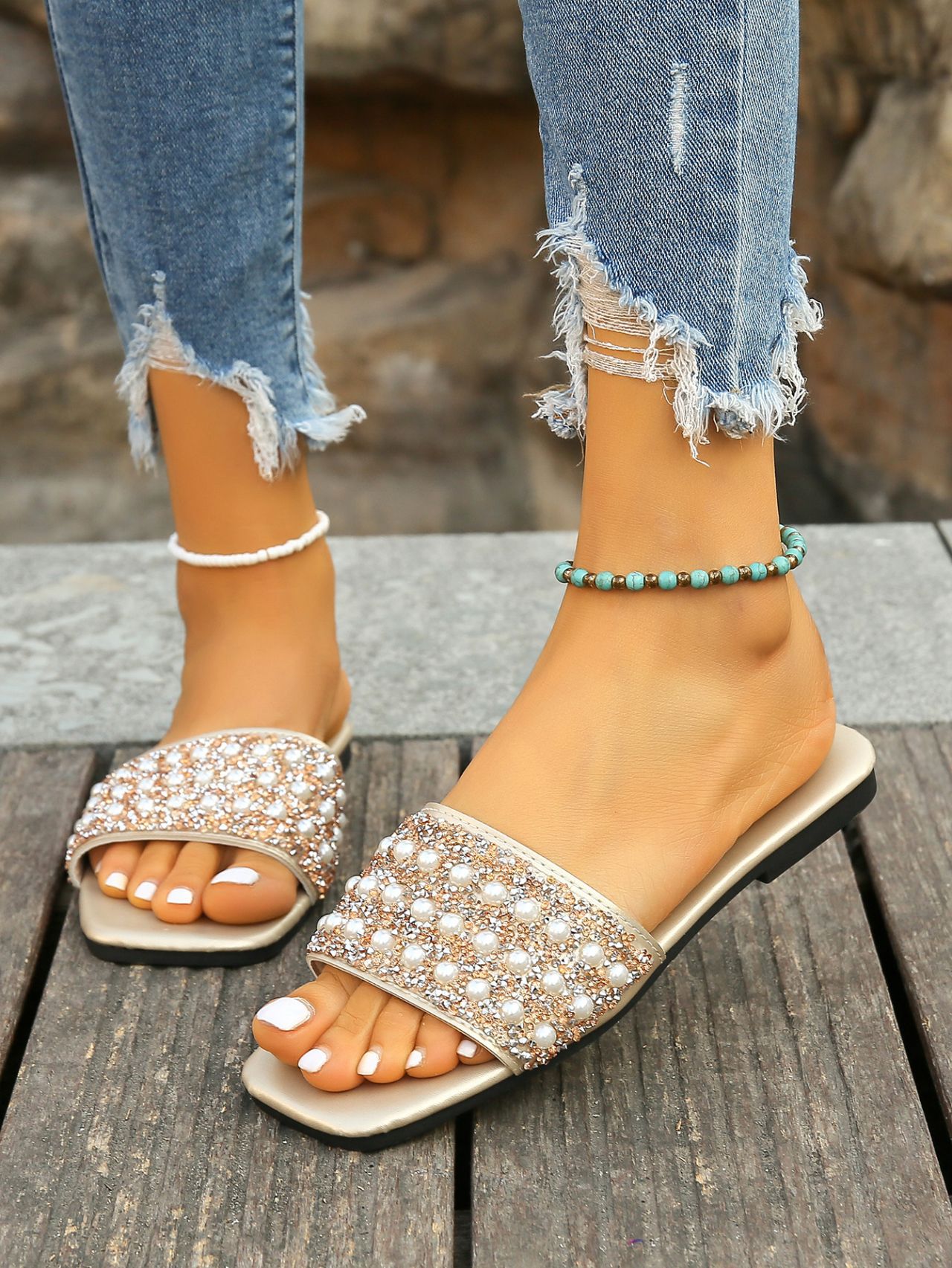 Women's Casual Vacation Solid Color Rhinestone Pearls Square Toe Slides Slippers display picture 5