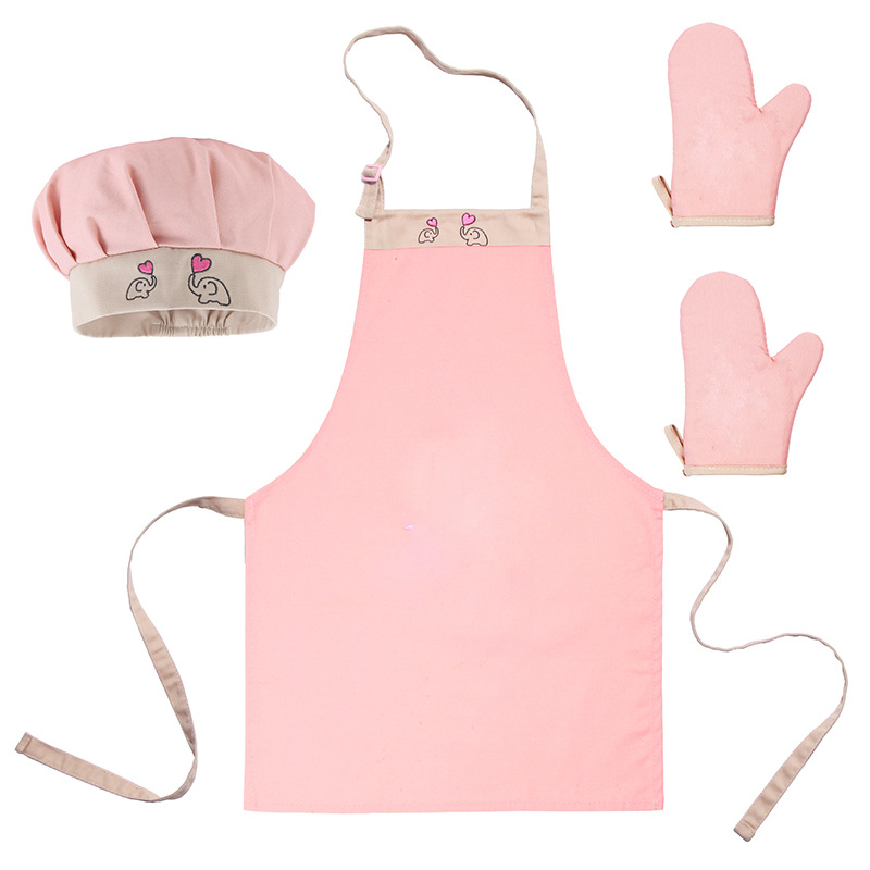 Delantal DE LOS NIÑOS traje Rosa delantal algodón para hornear guantes bordados patrón dibujos animados chef sombrero