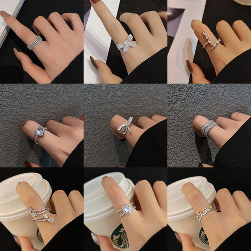 ins cold style silver ring female simple zircon open ring internet celebrity light luxury retro high-end ring