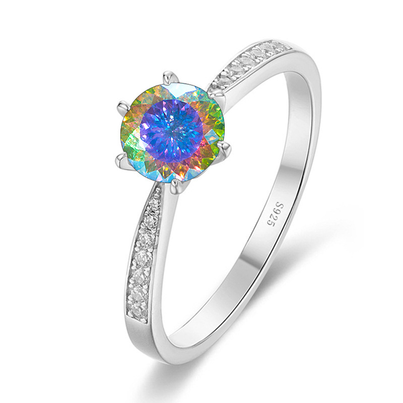 Anillo de boda multicolor, anillo de bodas sofisticado, piedra rosa de moissanita, S925 plata esterlina, fuego