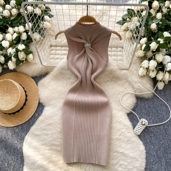 Goddess Style Elegant Hollow-out Kink Tube Top Sleeveless Knitted dress Women's Summer Slim-fit Slimming Hot Girl Hip Skirt