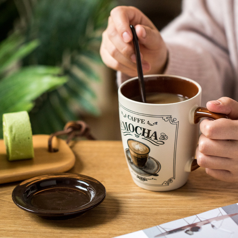 Taza de café de lujo europea transfronteriza capuchino taza de café con leche taza de cerámica vintage con tapa cuchara Amazon