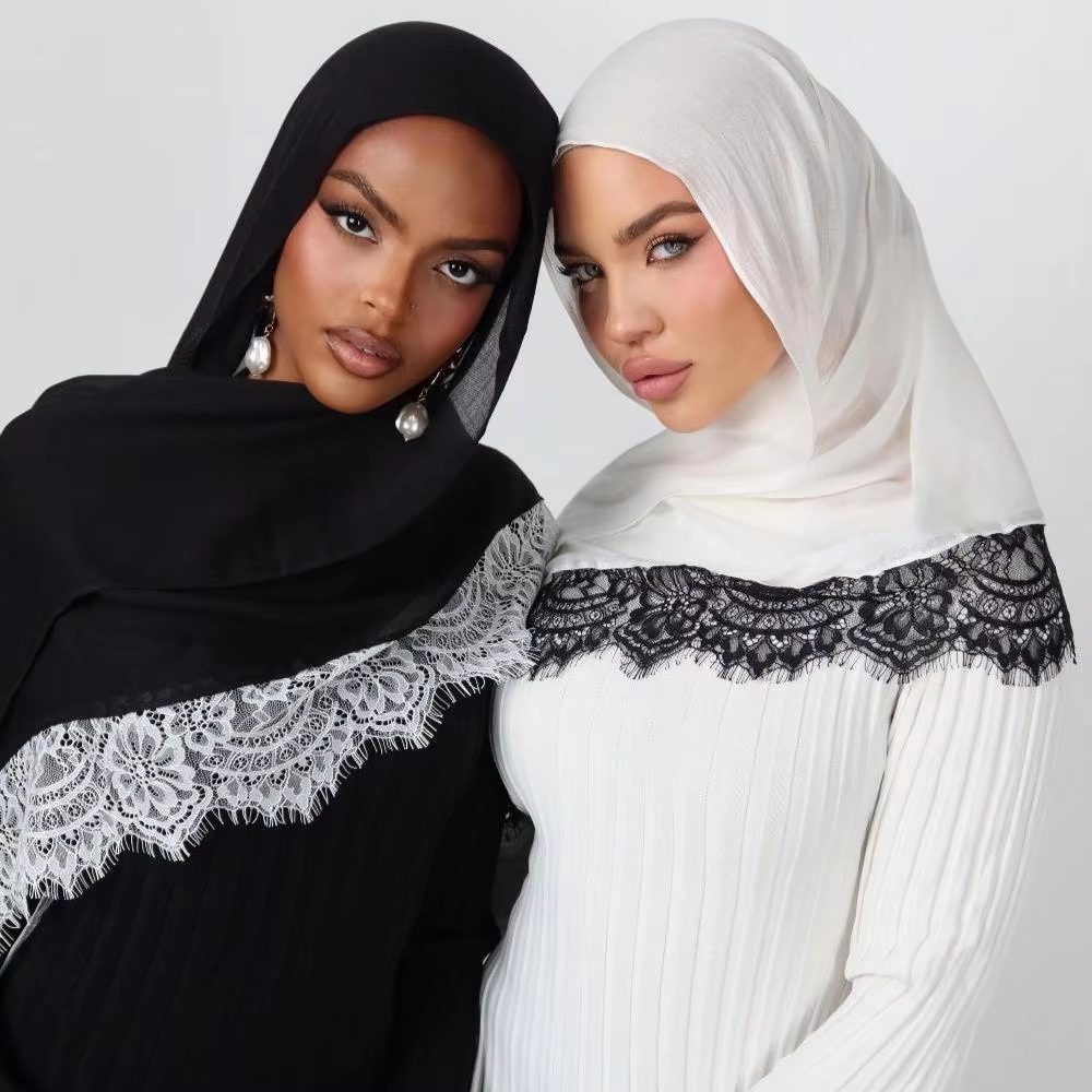 Cross-Border New Product Malaysian Rayon Scarf with Lace Patchwork, Skin-Friendly, Soft, Breathable, Versatile Silk Scarf