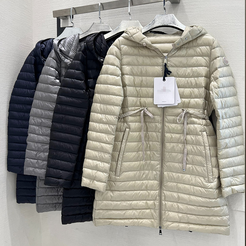 2024 뜨거운 제품 여성 겨울 슬림 다운 재킷 긴 후드 재킷 라이트 퀼트 넥타이 허리 패션 재킷