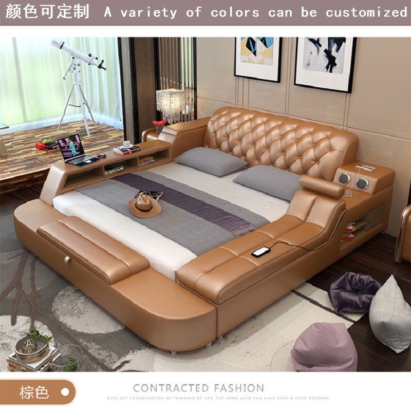 Cama inteligente de cuero tipo tatami de 1.8m, cama doble para bodas, muebles de dormitorio modernos y sencillos, cama multifuncional de cuero suave.