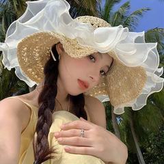 パンパン雅風カラー木珠麦わら帽子女夏の大きなつば草編み漁師帽折り畳み可能な海辺の日よけ日焼け止め帽