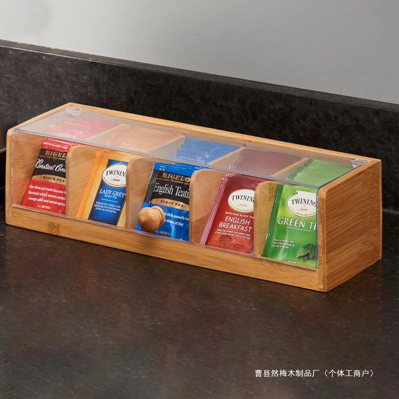 Bolsas de té de madera, bolsas de café, cajas de almacenamiento, cajas de exhibición transparentes con tapa de acrílico, cajas de almacenamiento divididas, cajas de té con tapa abatible