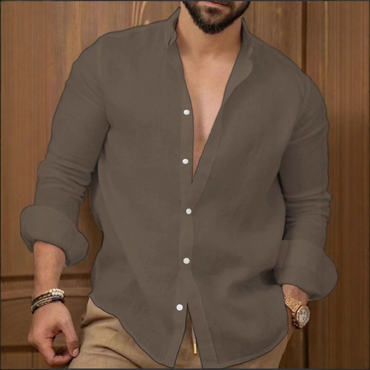 Cotton And Linen Solid Color Men's Shirt Youth Casual_viptrois.com