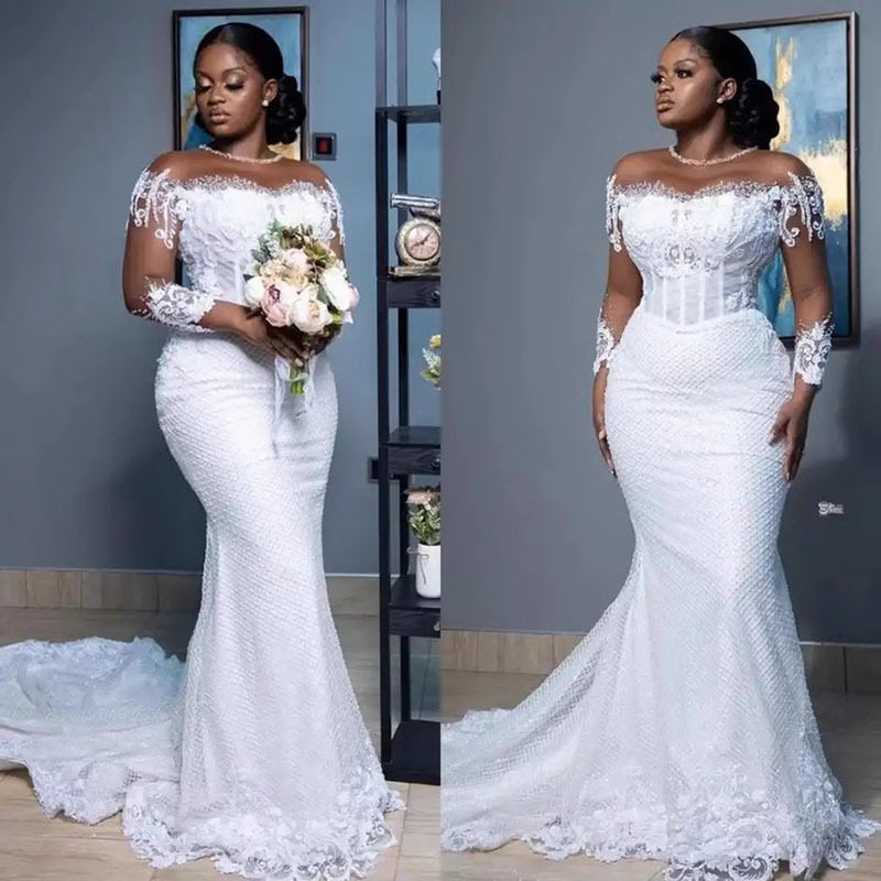 Mermaid Wedding Dress Spring and Autumn New Style Elegant White Waist-Cinching Off-Shoulder Train African Bride Wedding Dress for Welcoming Guests Summer