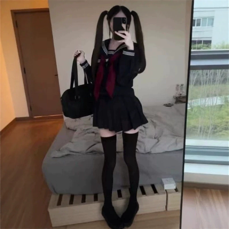 Japanese-Style Navy Blue Three-Piece Jk Uniform Dark Gothic Sailor Suit Academy Style Black Jk Navy Style Embroidered Pure Desire Outfit