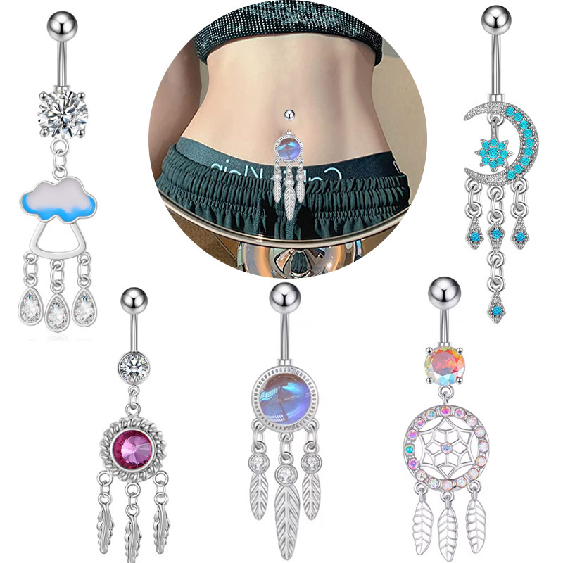 European And American Cross-Border Ring Cloud Water Drop Zircon Button Stud Stainless Steel Belly Dance Body Piercing_voghion.com