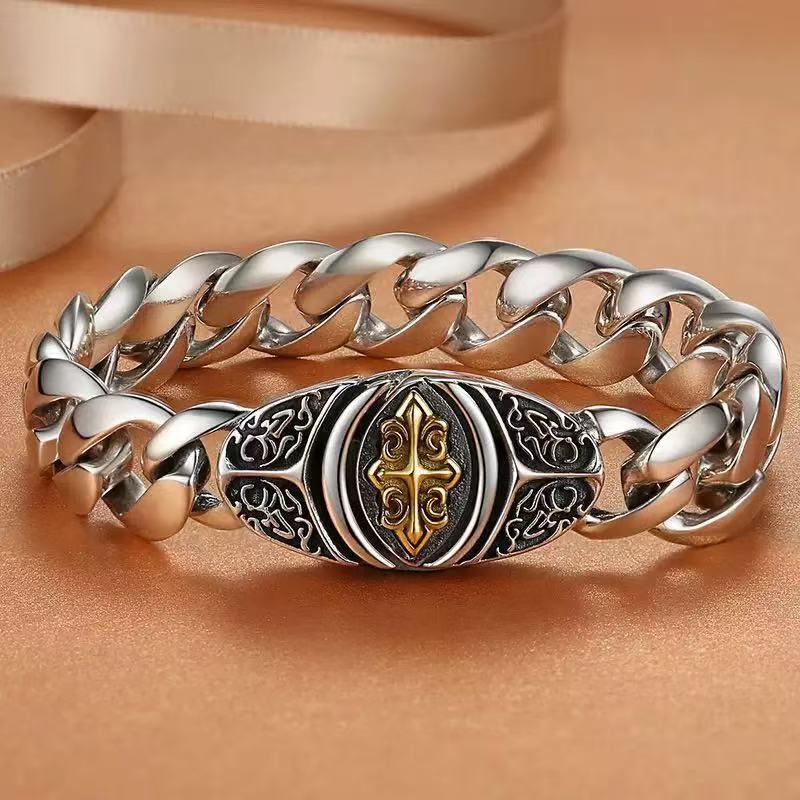 Wide Tank Cross Flower Cuban Bracelet Men's Domineering Hip-Hop Stylish European and American Accessible Luxury Style High-End Retro Hand Jewelry