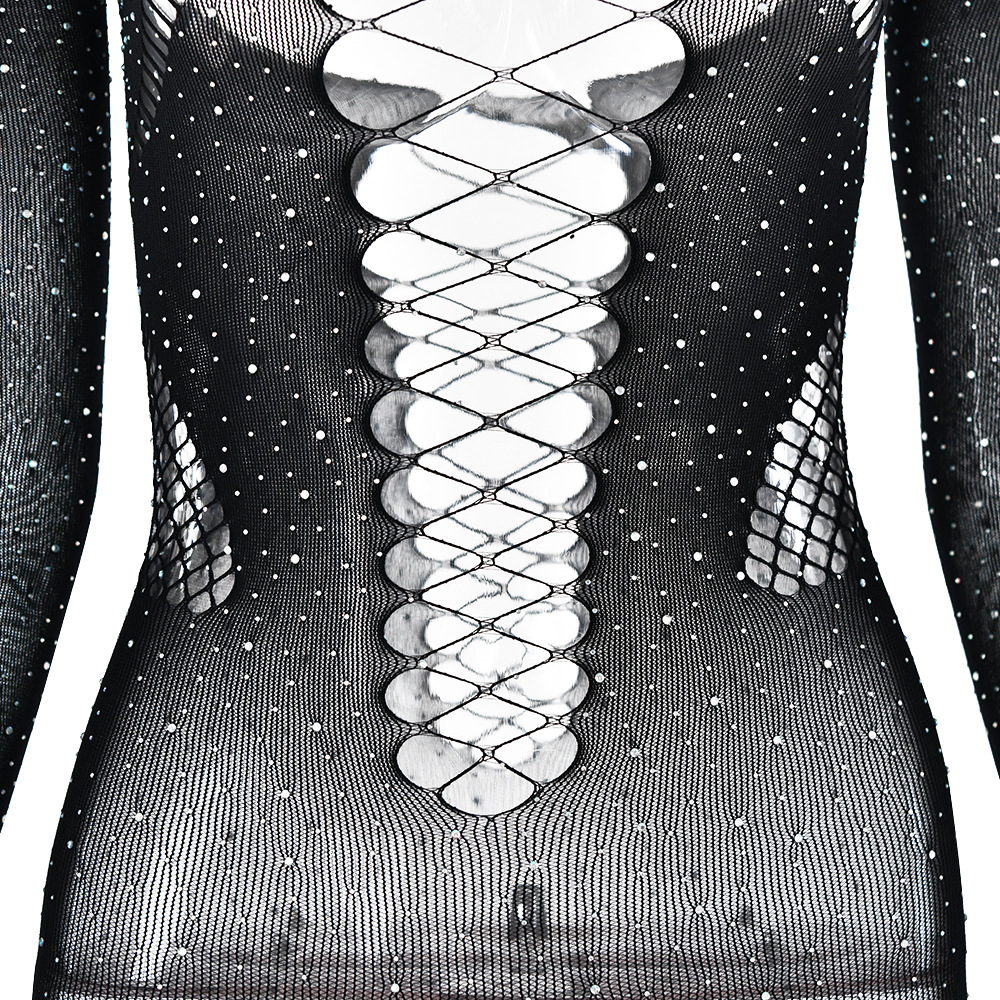 Women Sexy Rhinestone See through Hollow Out Cutout Backless Jumpsuit Long Sleeve Slim Fit Jumpsuit Summer
