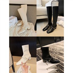 葡萄妈studiolee气质小方头铆钉一字带骑士靴粗跟瘦瘦踝靴长靴女