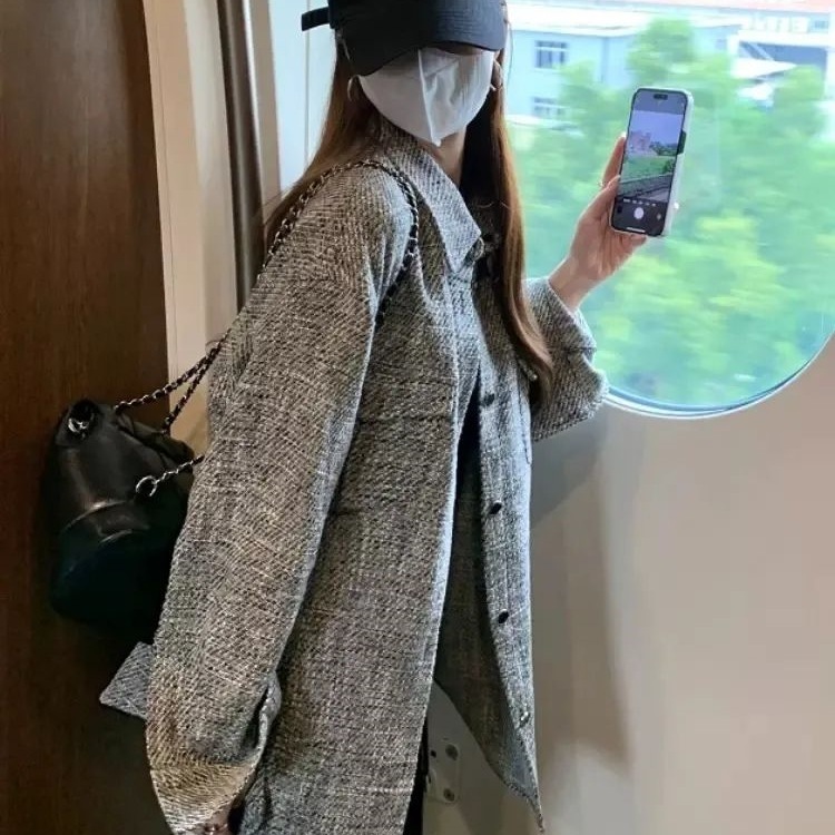 2025秋冬新款小香风polo领格子衬衫外套宽松慵懒韩系中长款上衣|undefined