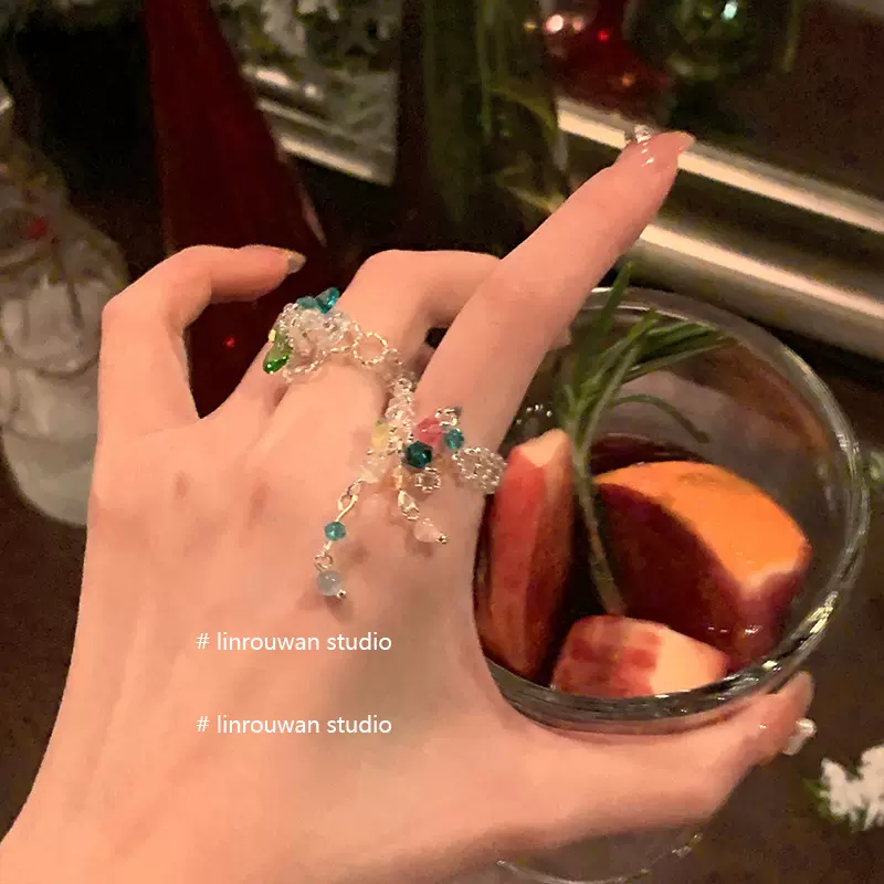 虞书欣同款ins风流苏可爱花朵彩色串珠水晶小众戒指食指戒叠戴戒