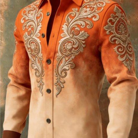 Western-style gradient vintage vine embroidered long-sleeve shirt for men, retro cowboy style top, available for wholesale