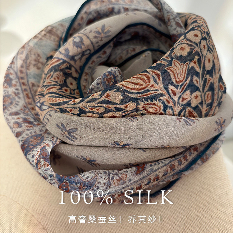 雅致古典风！新款真丝丝巾女春夏乔琪纱多功能桑蚕丝装饰领巾方巾|undefined