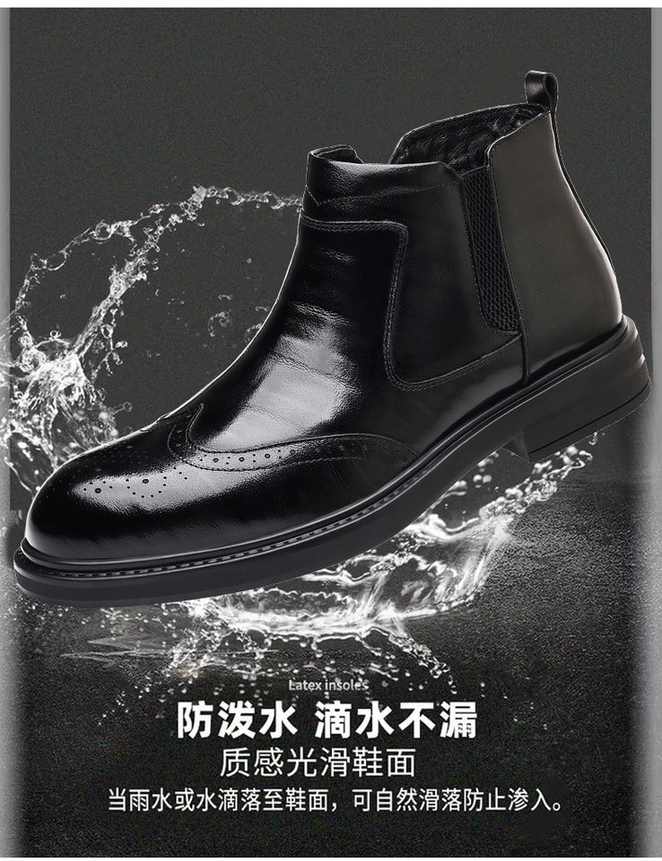 Giày bốt Martin nam da bò thật cổ trung, mũi nhọn, khóa kéo bên hông, gót 3–5 cm — Bốn mùa đen, Lông cừu đen chi tiết 7