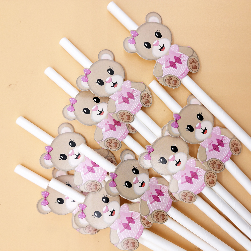 Tarjeta de celebridad en línea paja de papel rosa oso de peluche paja desechable degradable creativo fiesta de dibujos animados paja decorativa