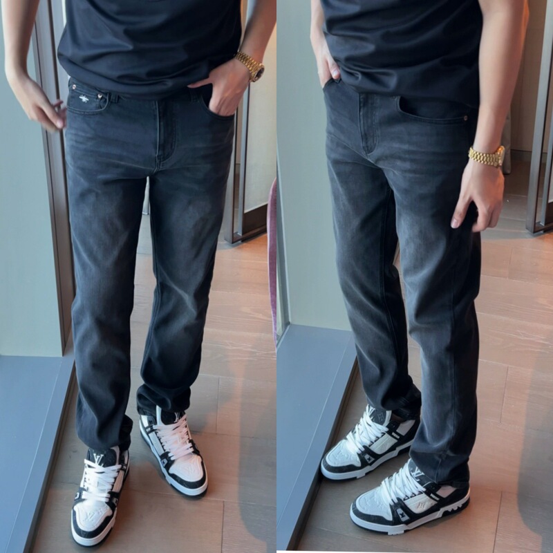 [Bee Four-Way Stretch] Richard Men's Autumn Cloud Smoke Gray Embroidered Small Label Stretch Casual Straight-Leg Jeans