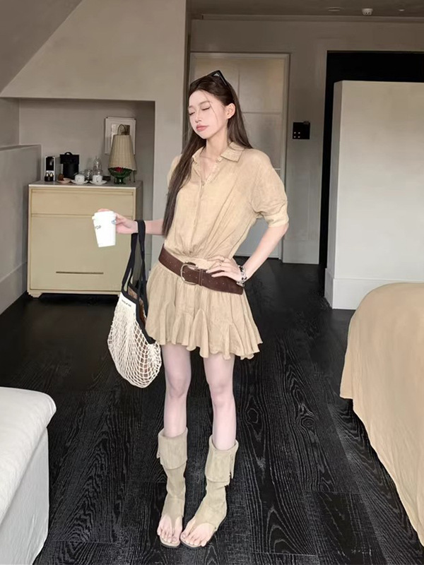辣妹风感短袖衬衫连衣裙女2025夏新款polo领小众A字百褶短裙|undefined