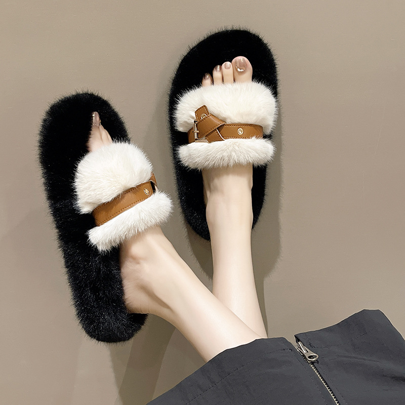 Plush Velvet Adjustable Open-Toe Spring Winter Indoor Thermal Comfortable Machine Washable Indoor Shoes House Shoes_voghion.com