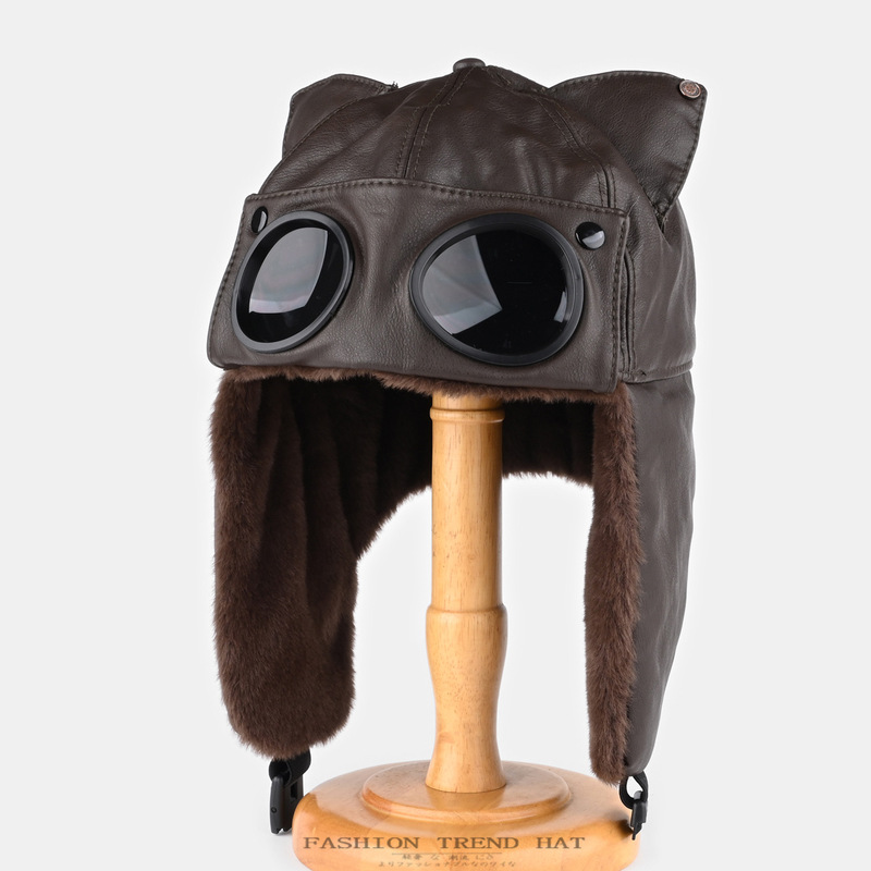 Retro Cat Ear Leather Pilot Hat for Men and Women Winter Warm Ear Protection Hat Outdoor Cycling Devil Lei Feng Hat