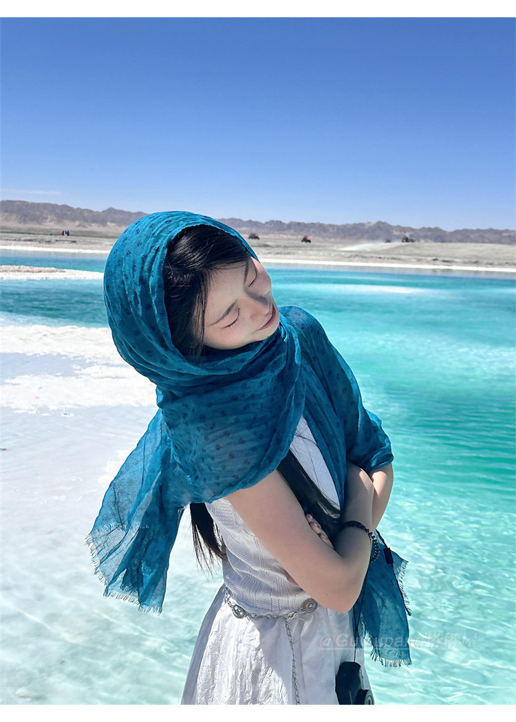 Hijab de seda y chal de algodón y lino para mujer azul lago_voghion.com