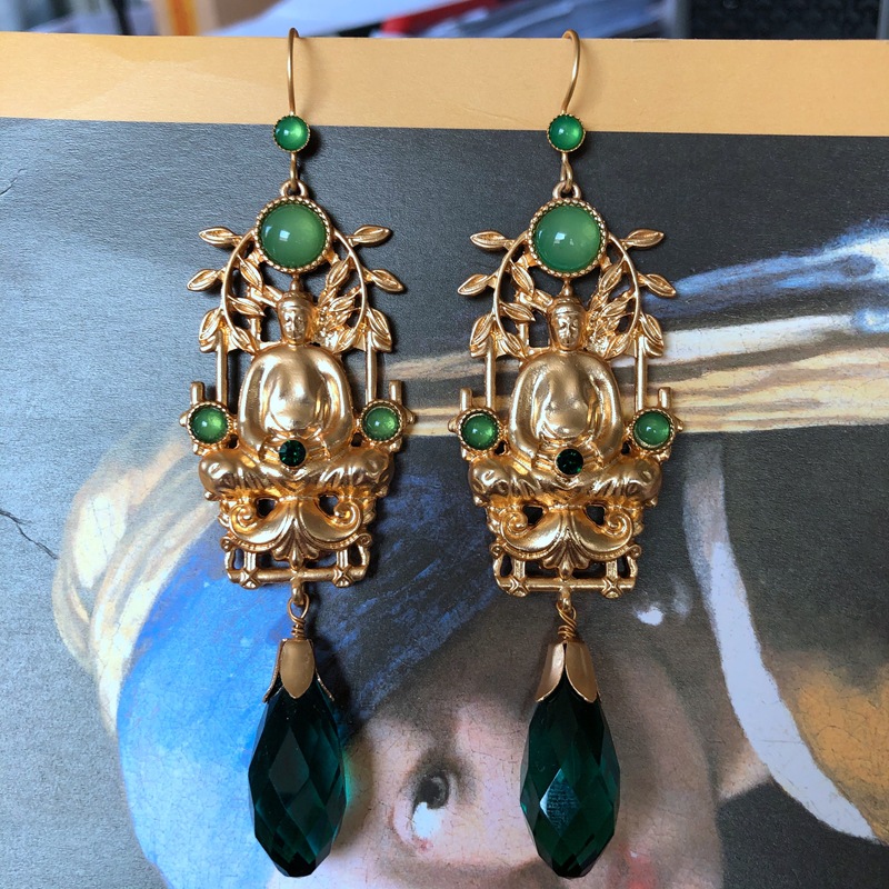 Fashion Style Green Gemstone Diamond Long Earrings display picture 7