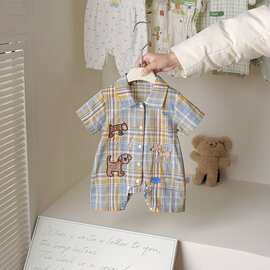婴儿连体衣男宝宝格子短袖衬衫爬服夏装新生儿百天满月服包屁哈衣