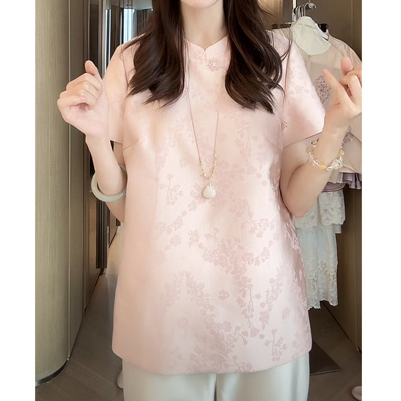 2025夏季新中式国风减龄粉色提花短袖衬衫女轻奢气质唐装T恤上衣|undefined