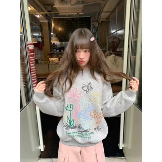 撞色花束发泡印花加绒卫衣女秋冬2026新款宽松显瘦上衣