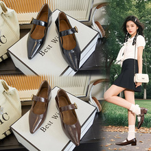 羊皮垫尖头玛丽珍鞋女2025春季新款浅口单鞋中跟小皮鞋英伦风单鞋