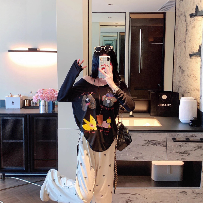 New Summer Sun Protection Clothing, Versatile and Cute Cartoon Print T-Shirt, Long-Sleeved, Lazy, Loose, Thin, Age-Reducing Top