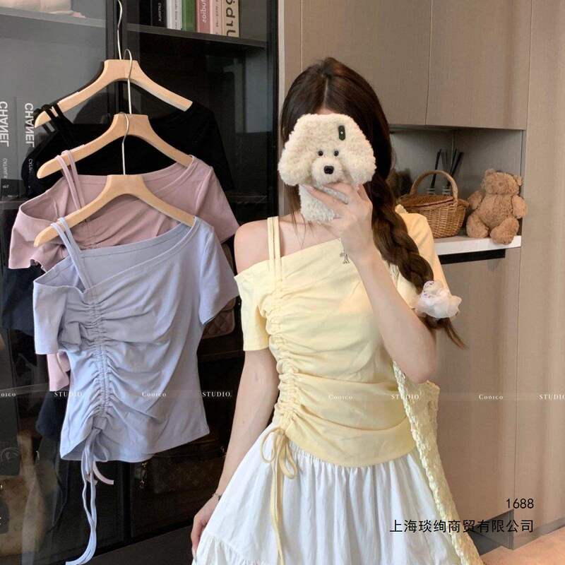 Dopamine Design One-Shoulder Top with Drawstring 2026 Summer Trendy Unique Shoulder Style New Chic Waist-Cinching Slimming T-Shirt Dopamine Design One-Shoulder Top with Drawstring 2026 Summer Trendy Unique Shoulder Style New Chic Waist-Cinching Slimming T-Shirt