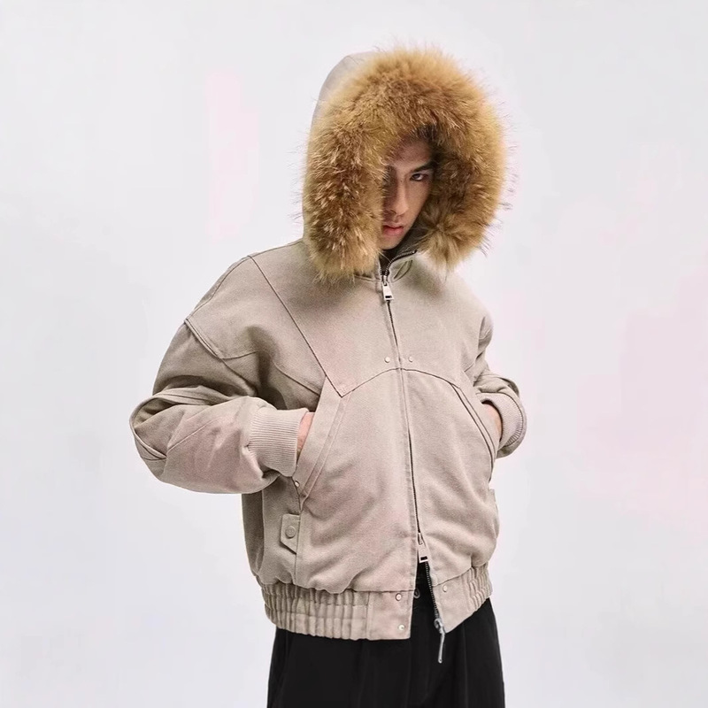 The Second Generation Mountain Sculpture Heavy Canvas Washed Jacket for Men and Women 2024 Winter Hooded Fur Collar Loose Black Cotton Jacket