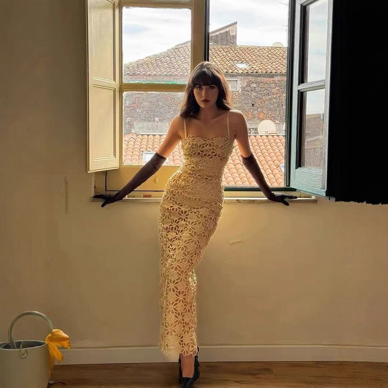 French Niche Design Champagne Gold Hollow French Style Suspender Dress Niche Slim Slit Dress Long Skirt