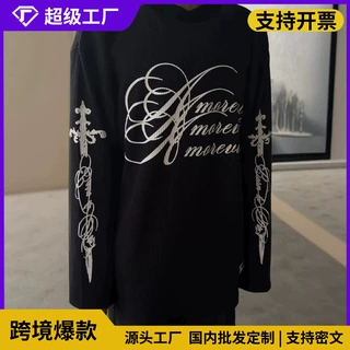 y2k美式复古高街朋克暗黑风哥特式字母印花华夫格个性百搭长袖T恤
