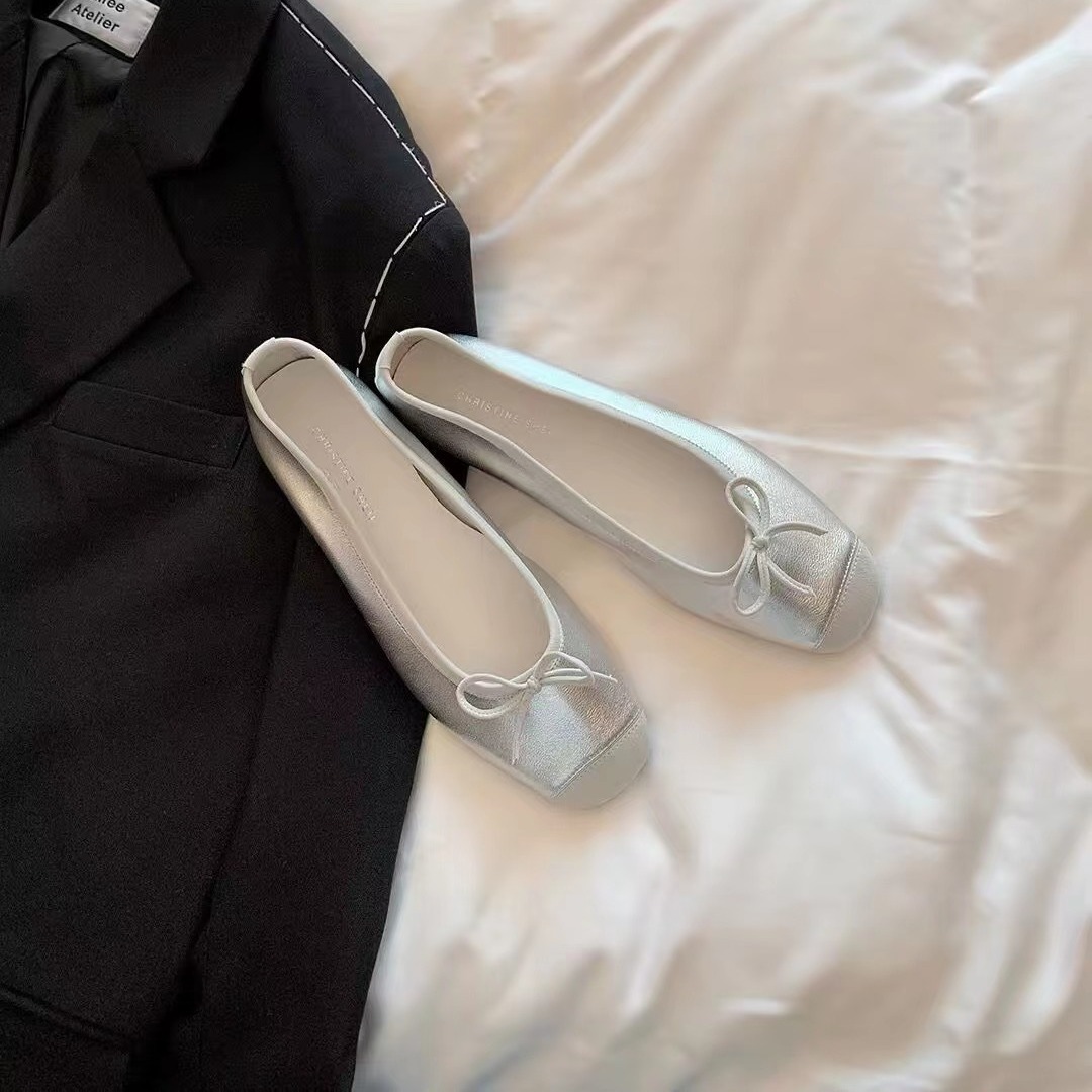 Ready Stock, Immediate Dispatch~ Grape Mom Two Height Options~ French Lambskin Square Toe Bowknot Chunky Heel Ballet Flats Women's Shoes