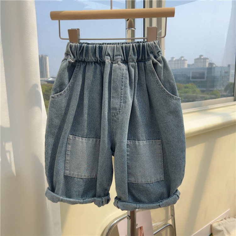 2024 Summer Korean Children's Thin Patch Capris Boys' Loose Wide Edition Denim Radish Pants Trend_voghion.com