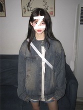 春秋复古时尚穿搭牛仔外套女韩版水洗做旧感宽松拉链夹克上衣