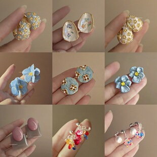 Relief haze blue French retro dripping glaze rose flower zircon earrings for women light luxury high-end niche temperament