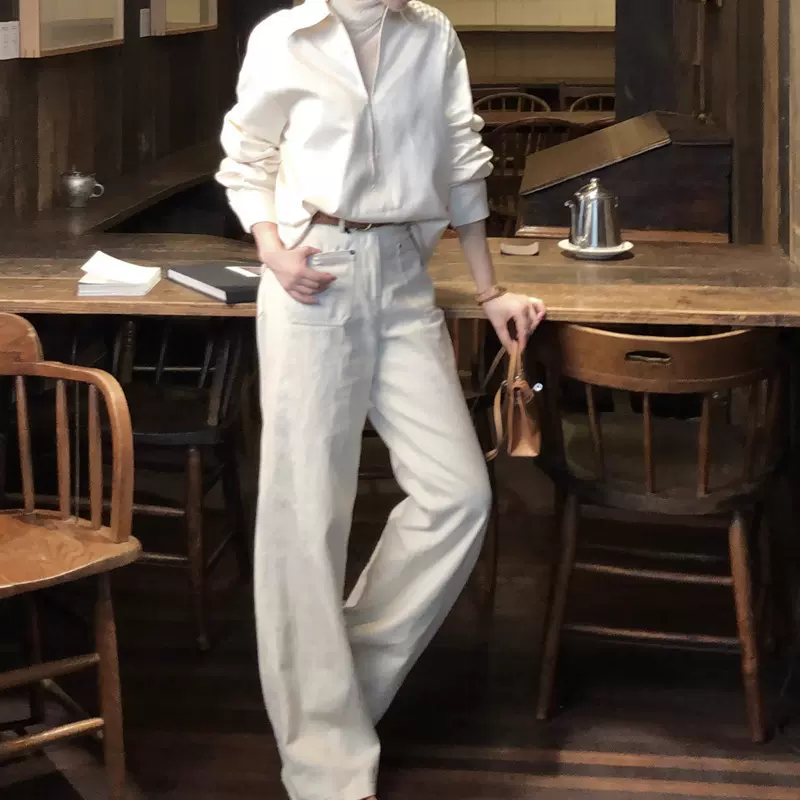 从一时【长期主义】时尚老钱风白色牛仔裤百搭上衣衬衫外套套装