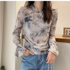 新中式水墨画天丝面膜T恤女欧洲站秋装2025新款欧货女装打底衫潮