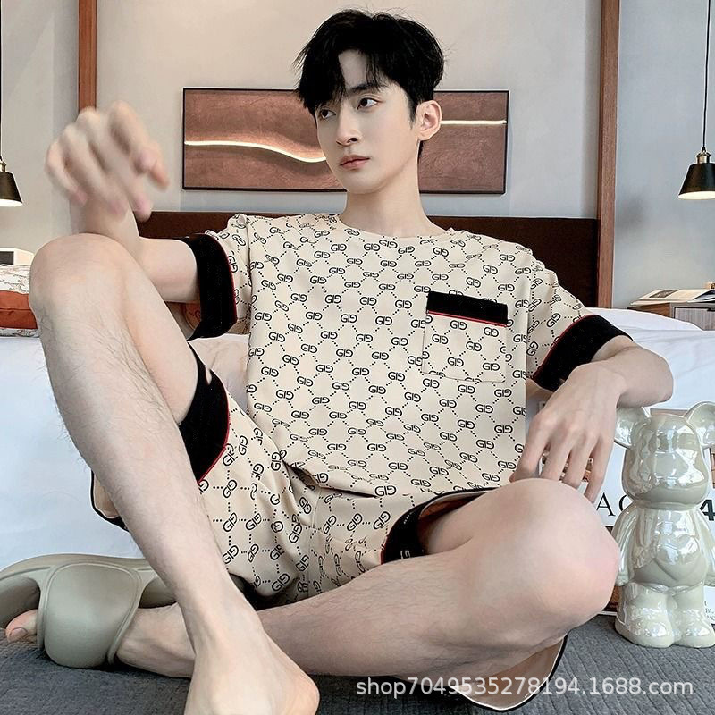 High-Grade Cotton Men's Pajamas Summer Round Neck Short Sleeve Shorts Casual Set Loose Teenager Thin Homewear